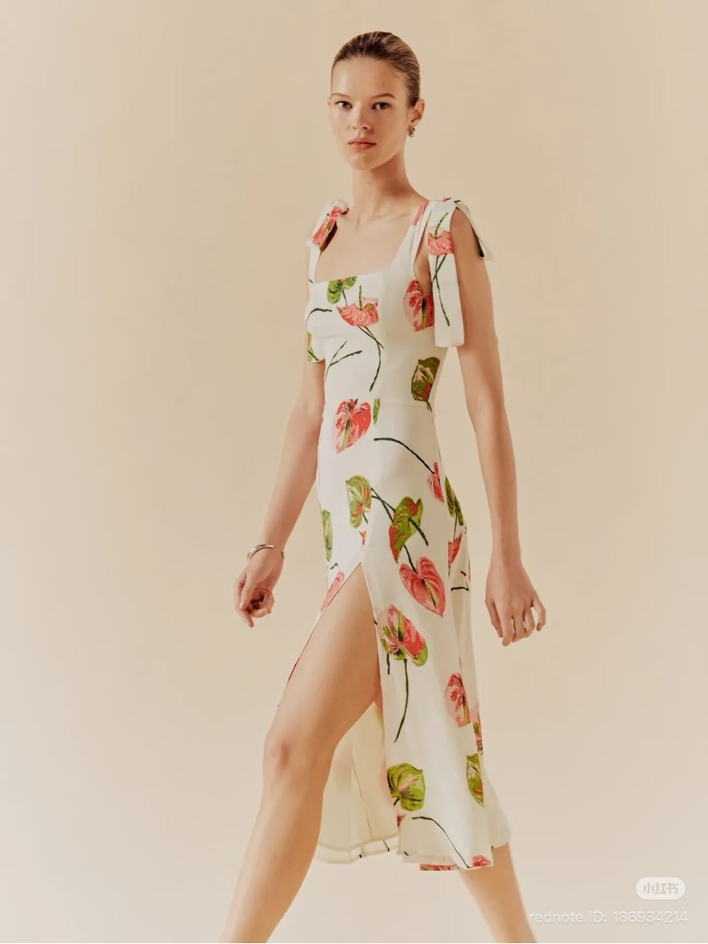 Reformation Ivory Tie-Shoulder Midi Dress with Pink & Green Floral Print